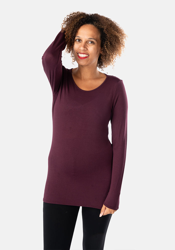 Front view of Plum Long Sleeve Round Neck Top