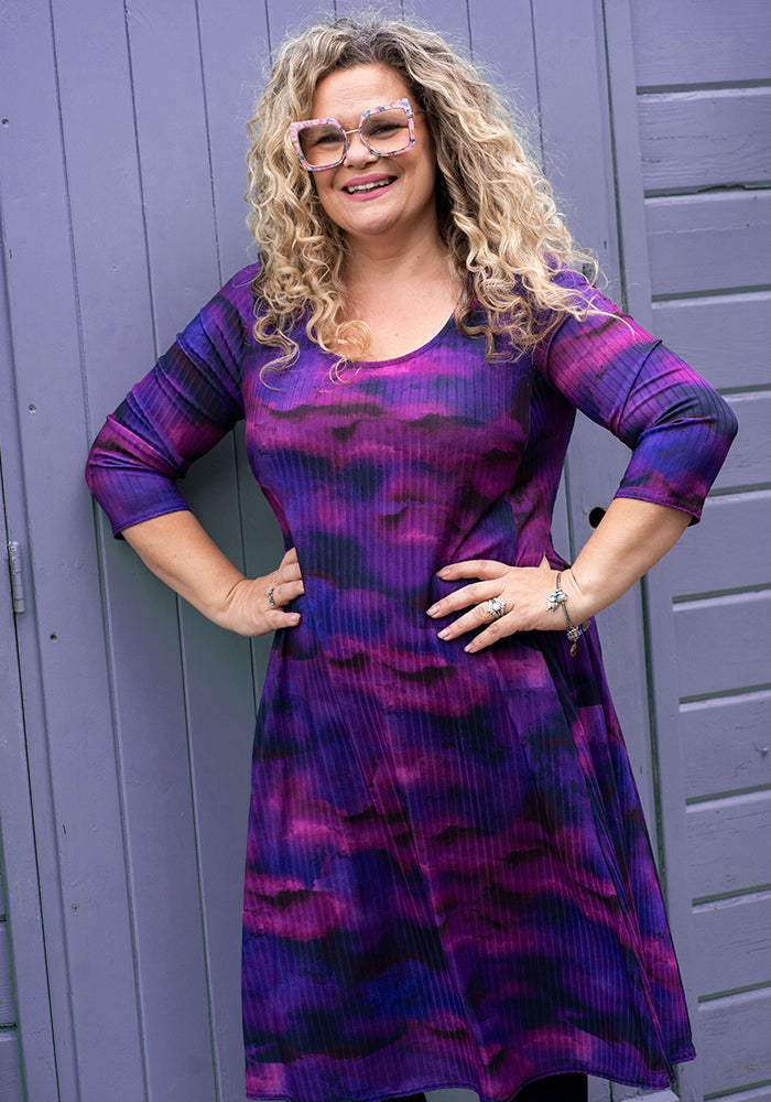 Front view of Poe Purple Ombre Print Trapeze Dress