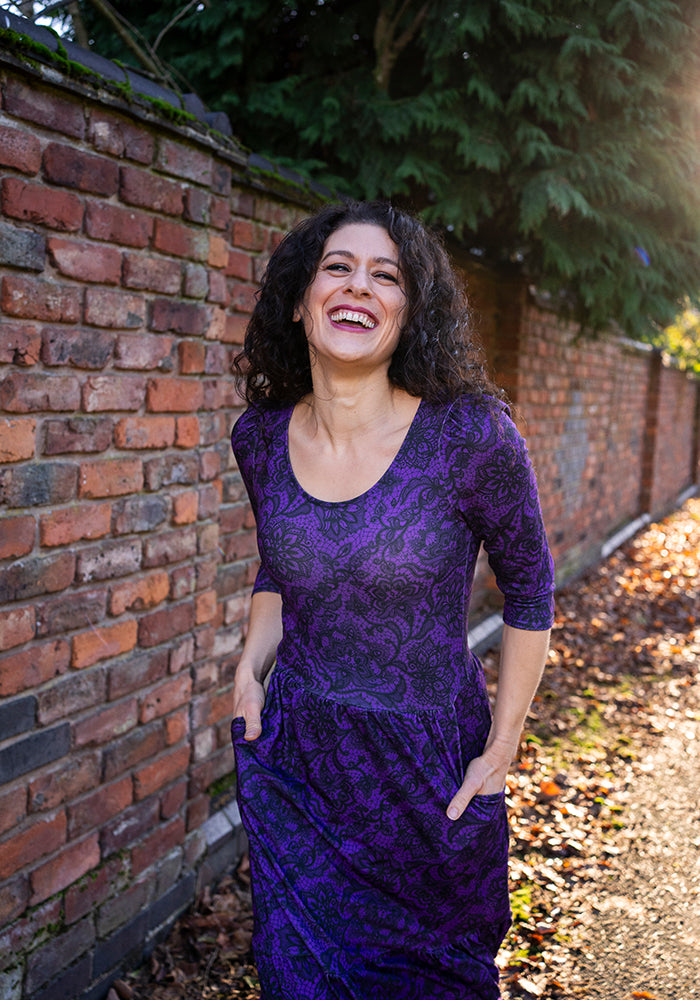 Poema Purple Lace Print Tiered Hem Midaxi Dress