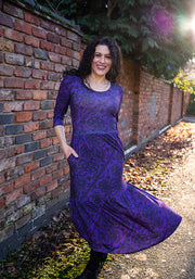 Poema Purple Lace Print Tiered Hem Midaxi Dress