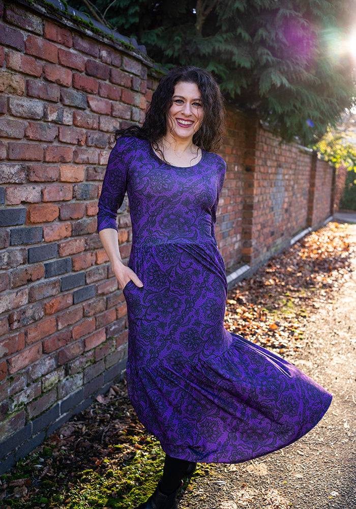 Poema Purple Lace Print Tiered Hem Midaxi Dress