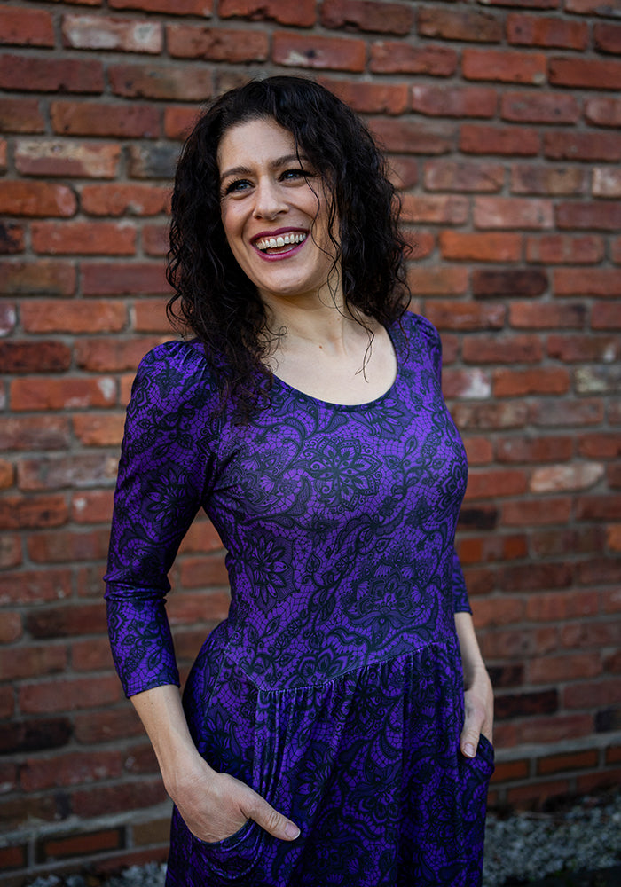 Poema Purple Lace Print Tiered Hem Midaxi Dress