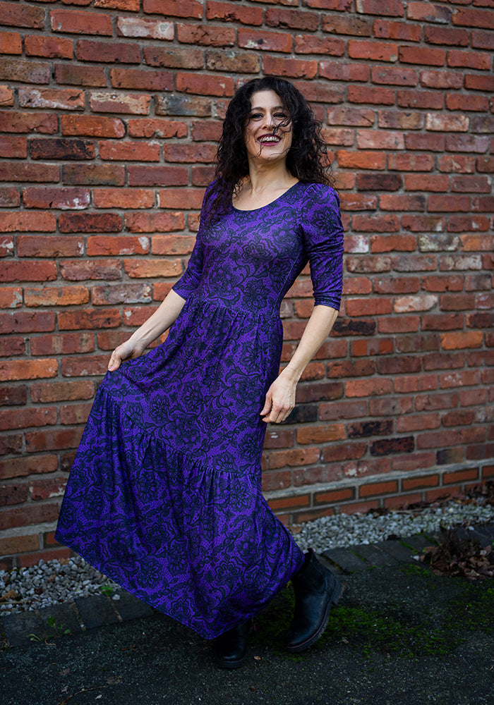 Poema Purple Lace Print Tiered Hem Midaxi Dress