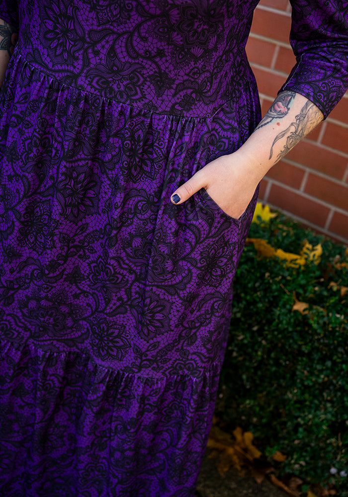 Poema Purple Lace Print Tiered Hem Midaxi Dress