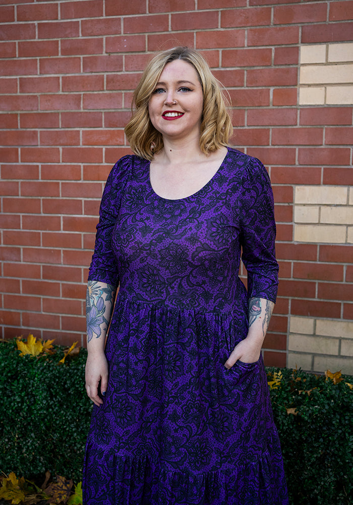 Poema Purple Lace Print Tiered Hem Midaxi Dress