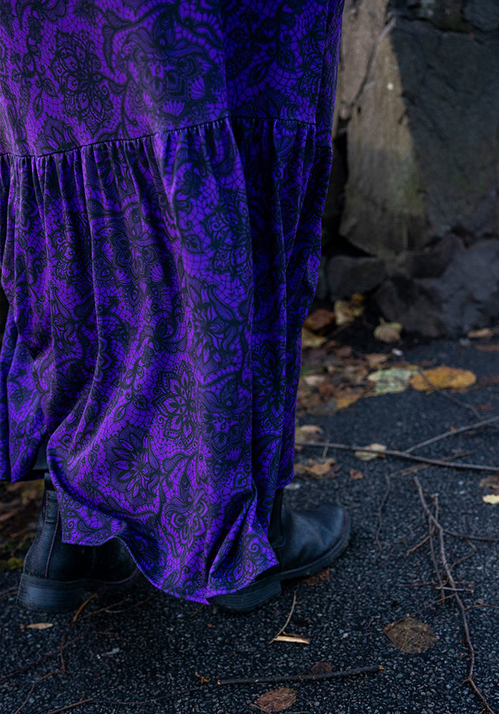 Poema Purple Lace Print Tiered Hem Midaxi Dress