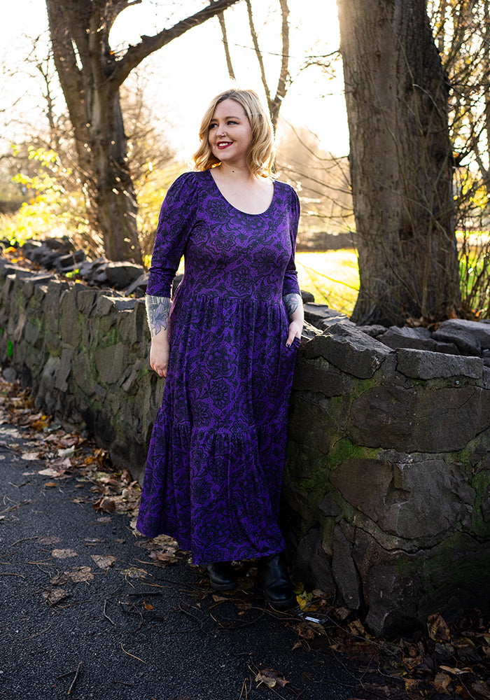 Poema Purple Lace Print Tiered Hem Midaxi Dress