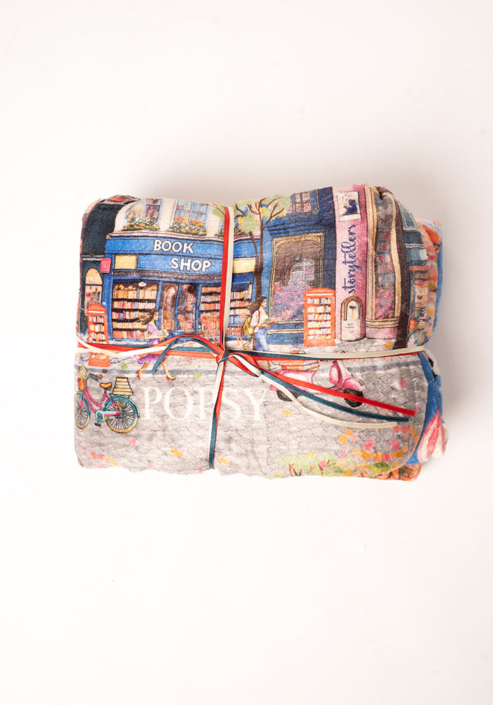 Front view of Pop-under Bookstore Print Plush Blanket