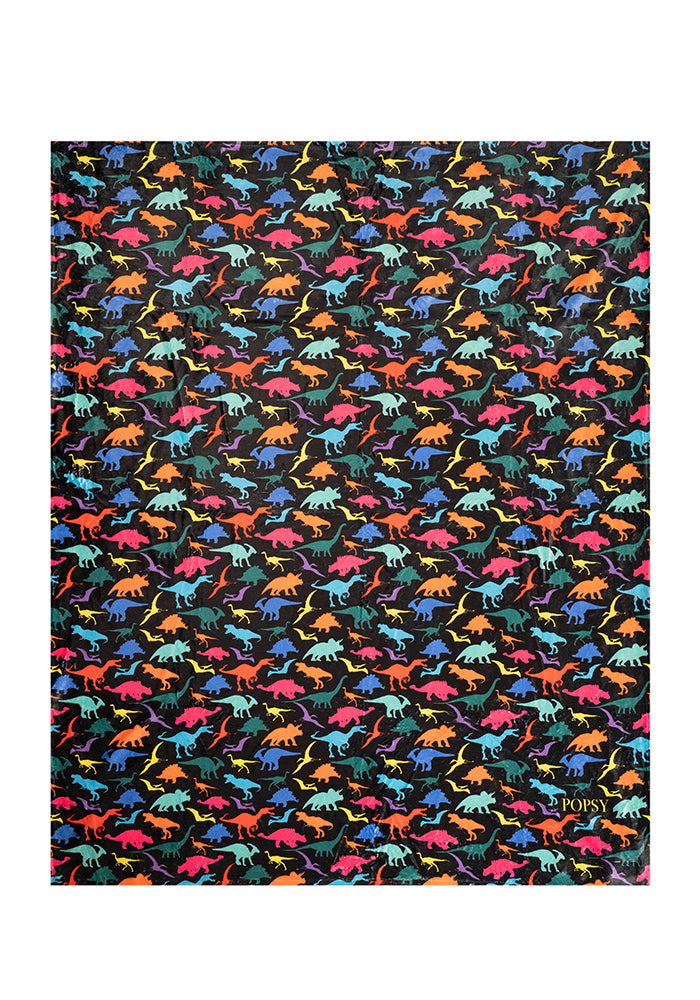 Pop-under Bright Black Dinosaur Print Plush Blanket