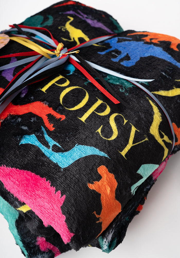 Pop-under Bright Black Dinosaur Print Plush Blanket