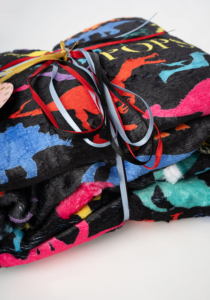 Pop-under Bright Black Dinosaur Print Plush Blanket