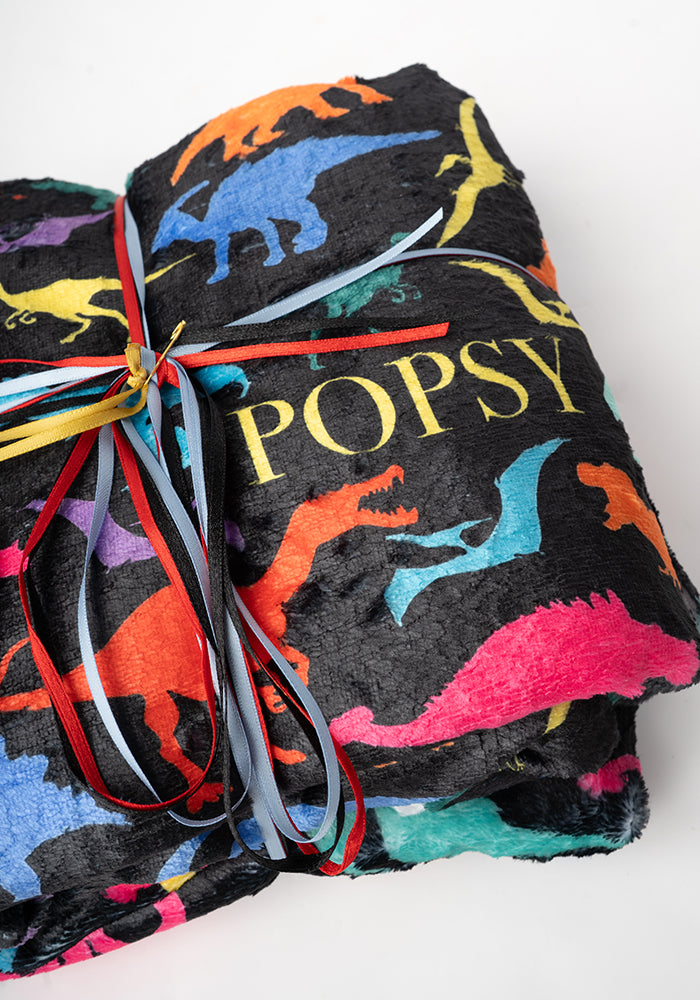 Pop-under Bright Black Dinosaur Print Plush Blanket