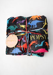 Pop-under Bright Black Dinosaur Print Plush Blanket
