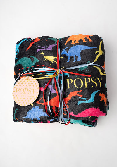 Pop-under Bright Black Dinosaur Print Plush Blanket