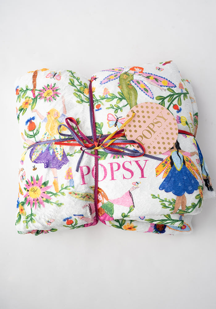 Front view of Dancing Fairies Print Plush Throw Blanket (Pop-Under)