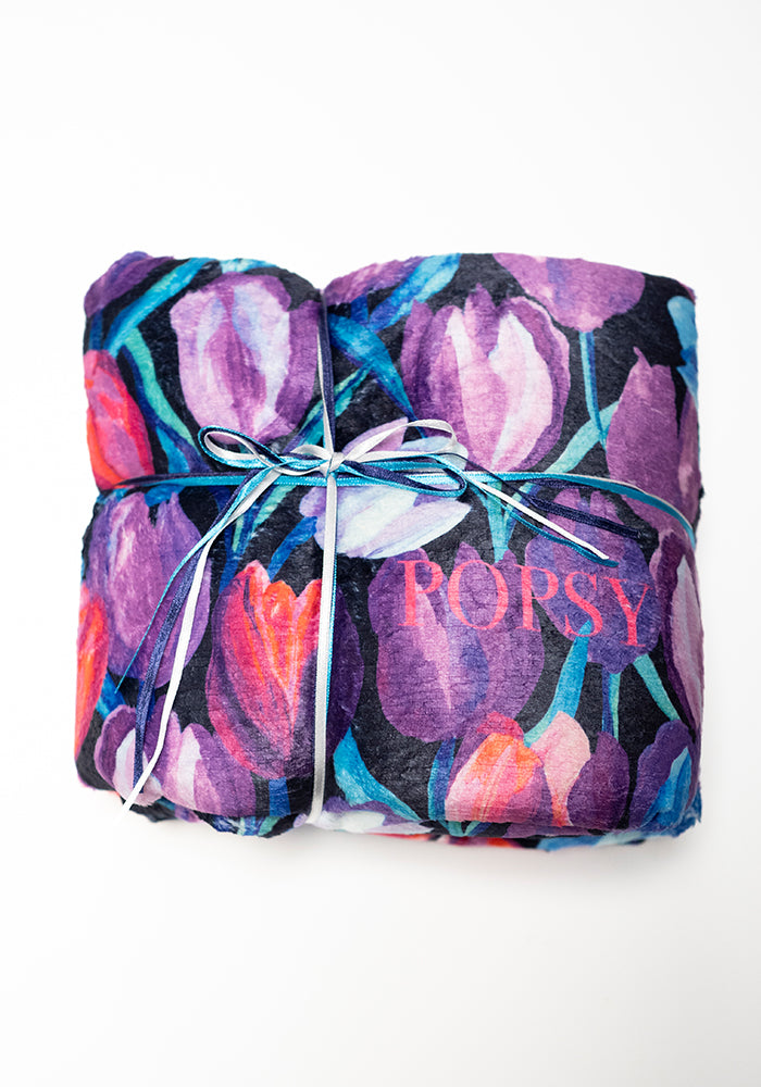 Front view of Pop-under Hand Painted Tulips Print Plush Blanket