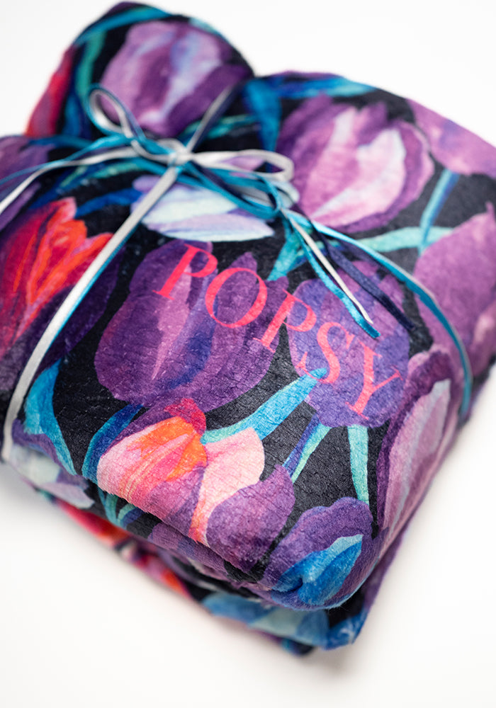 Third angle of Pop-under Hand Painted Tulips Print Plush Blanket