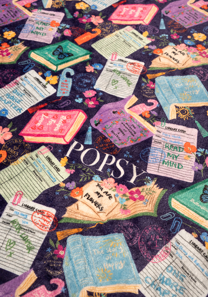 Second angle of Purple Library Books Print Plush Blanket (Pop-Under), library Book Print Plush Blanket.
