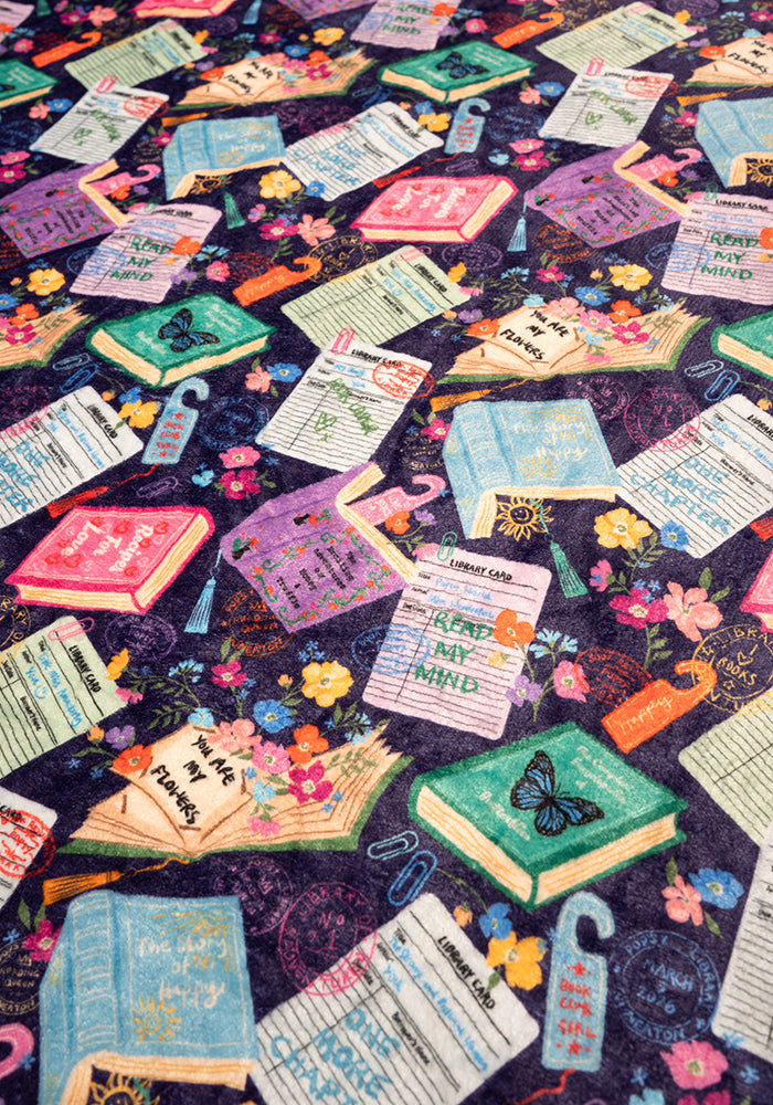 Seventh angle of Purple Library Books Print Plush Blanket (Pop-Under), library Book Print Plush Blanket.