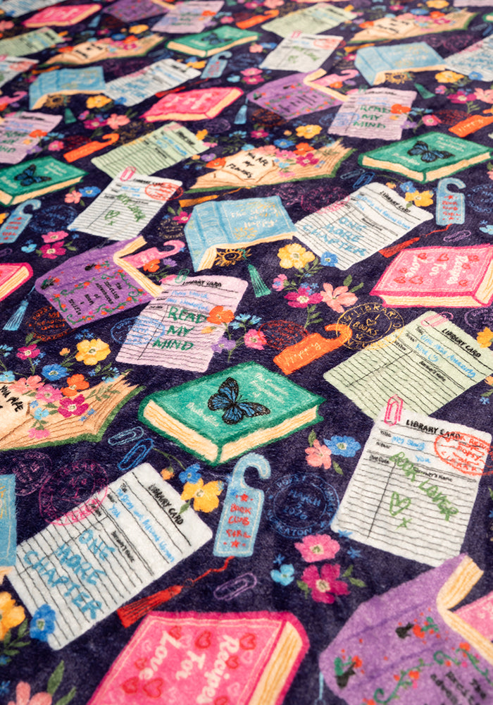 Fifth angle of Purple Library Books Print Plush Blanket (Pop-Under), library Book Print Plush Blanket.
