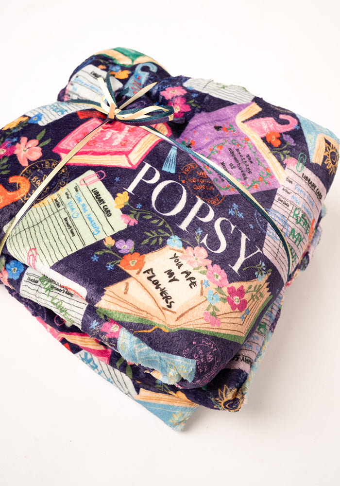 Fourth angle of Purple Library Books Print Plush Blanket (Pop-Under), library Book Print Plush Blanket.