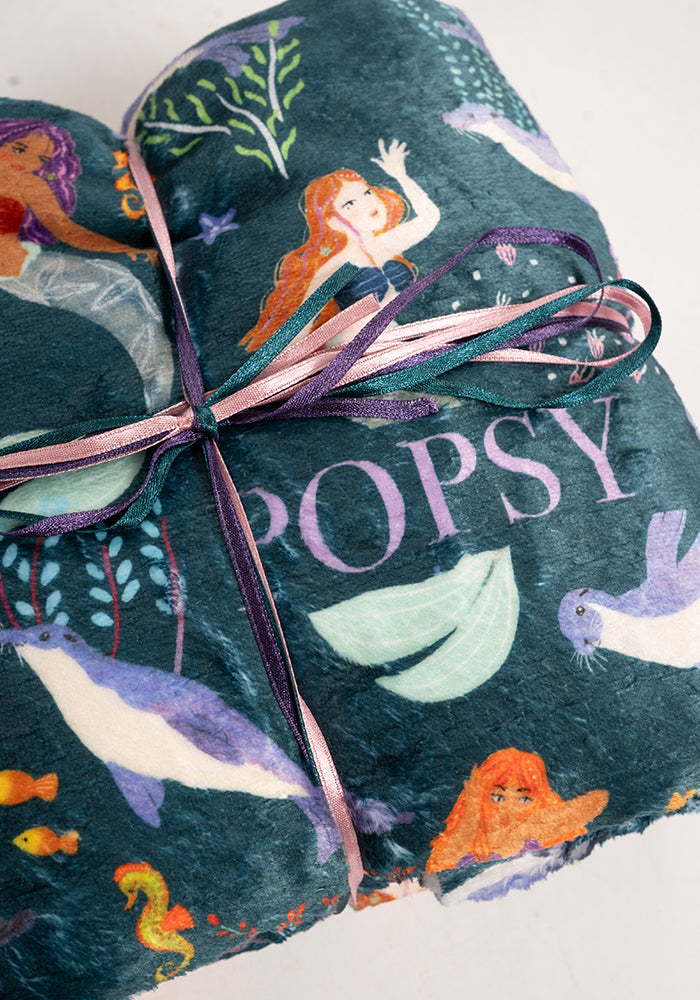 Fourth angle of Pop-under Mermaids &amp; Seals Print Plush Blanket