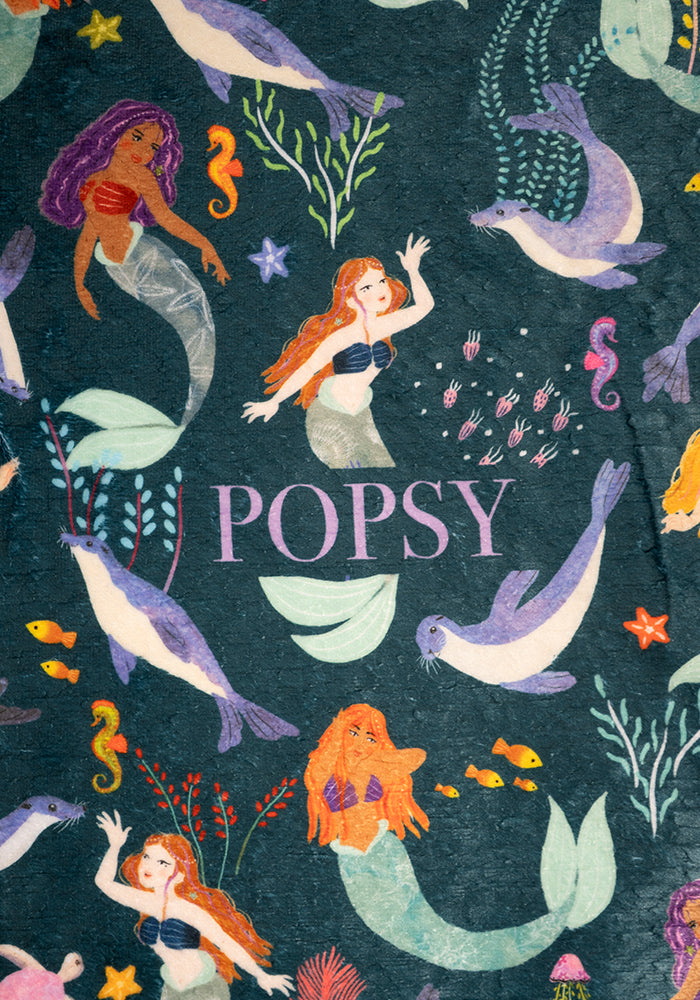 Eighth angle of Pop-under Mermaids &amp; Seals Print Plush Blanket