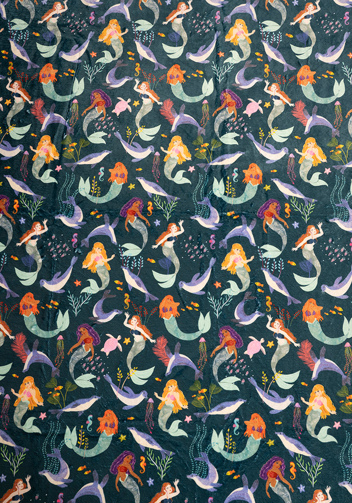 Sixth angle of Pop-under Mermaids &amp; Seals Print Plush Blanket