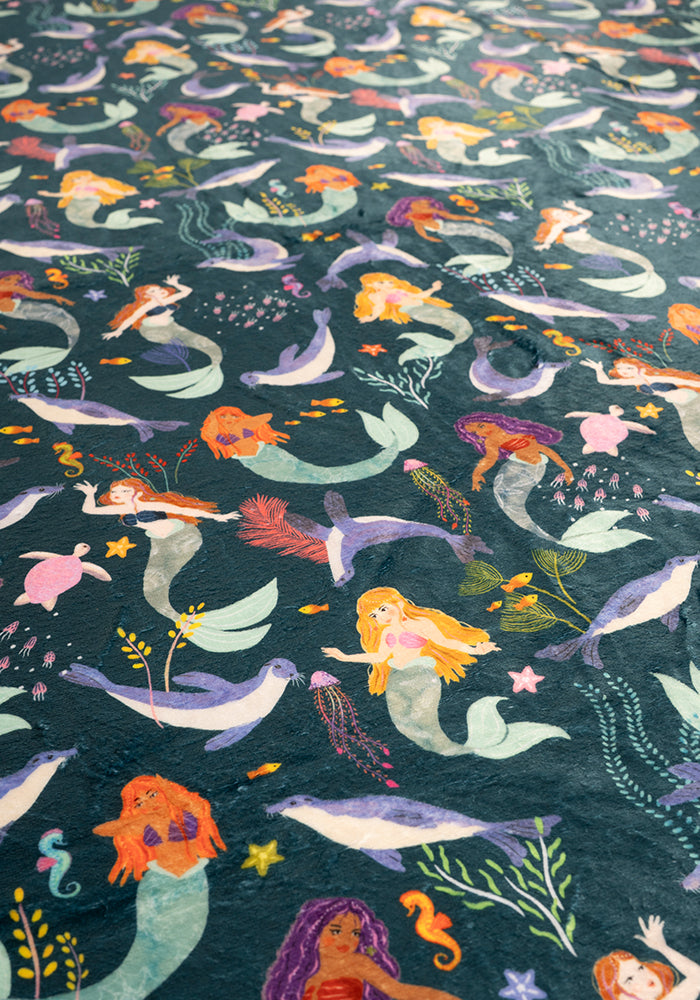 Fifth angle of Pop-under Mermaids &amp; Seals Print Plush Blanket
