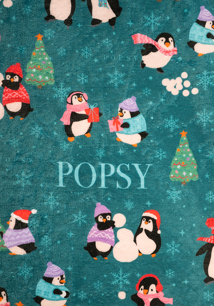 Pop-under Penguin Print Plush Blanket