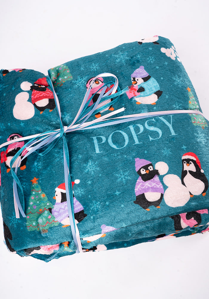 Pop-under Penguin Print Plush Blanket