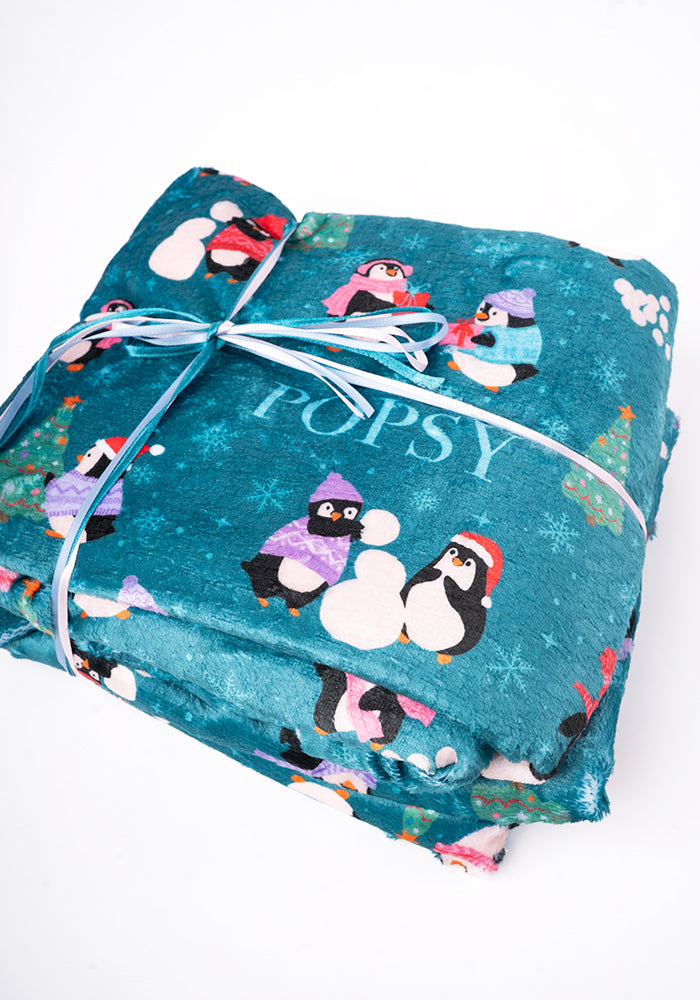 Pop-under Penguin Print Plush Blanket