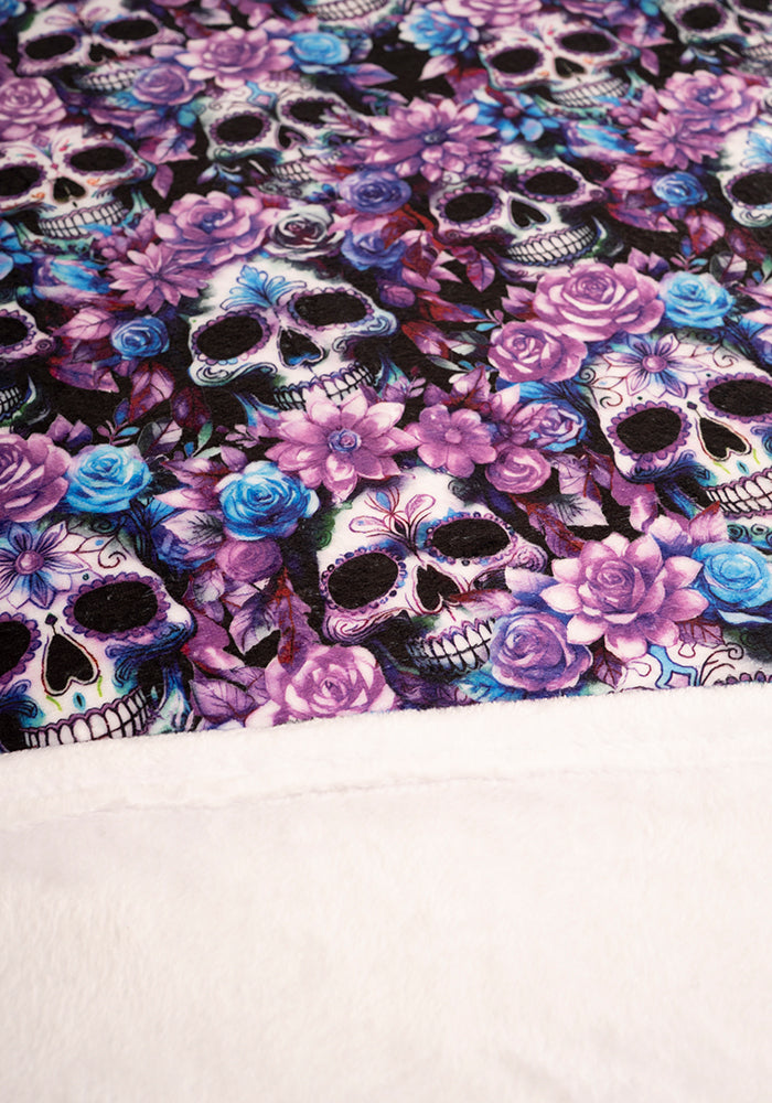 Third angle of Purple Floral Skulls Plush Throw Blanket (Pop-Under)