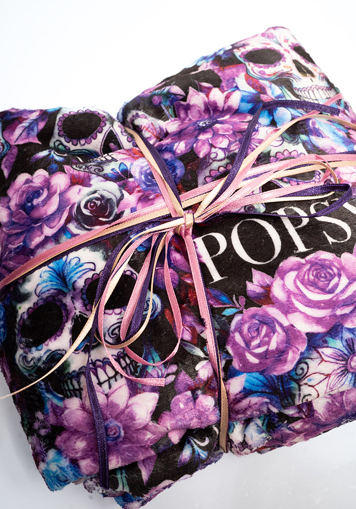 Pop-under Purple Floral Skulls Plush Blanket