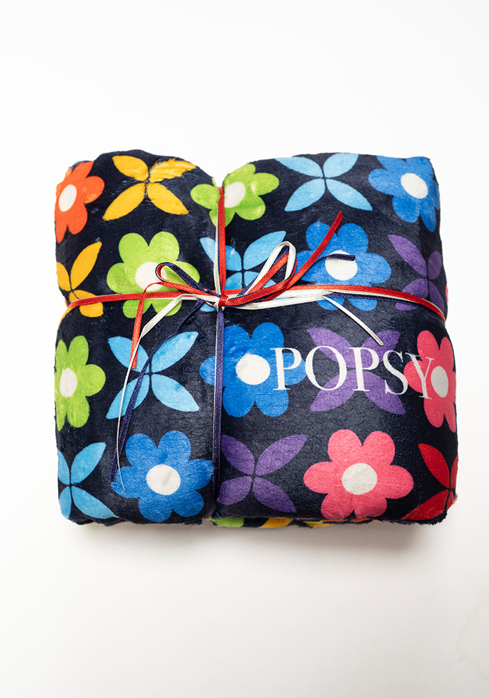 Front view of Pop-under Retro Rainbow Floral Print Plush Blanket