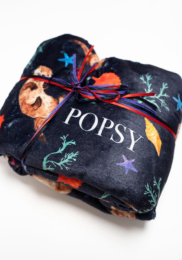 Third angle of Sea Otter Print Plush Throw Blanket (Pop-Under)