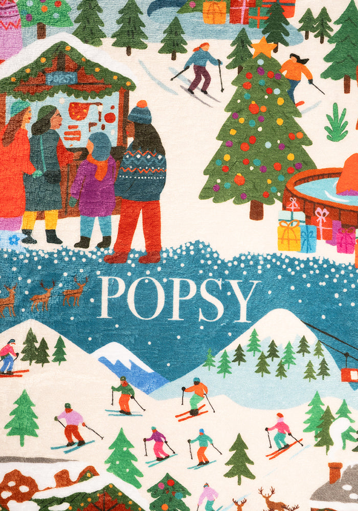 Pop-under Ski Village Print Plush Blanket