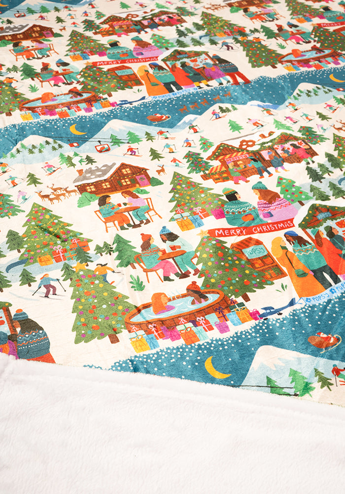 Pop-under Ski Village Print Plush Blanket