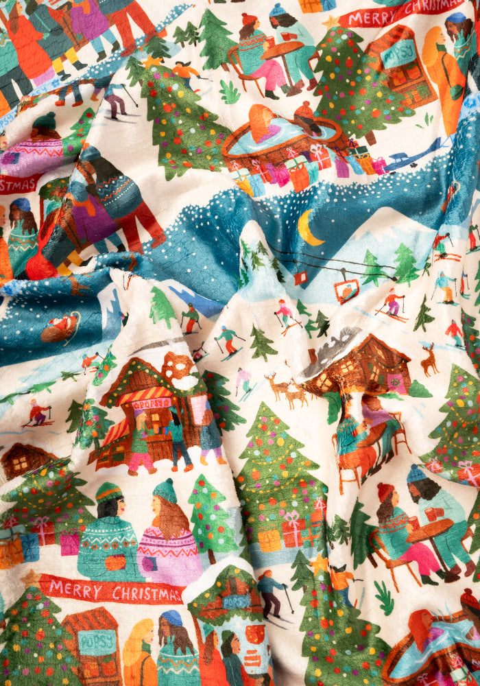 Pop-under Ski Village Print Plush Blanket