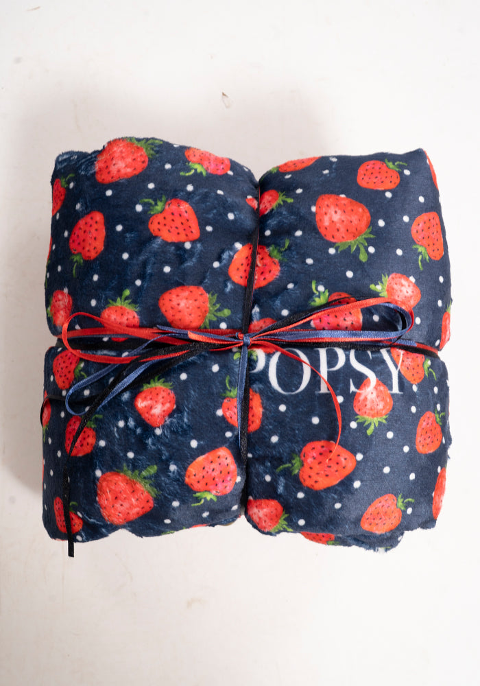 Front view of Pop-under Strawberries Print Plush Blanket