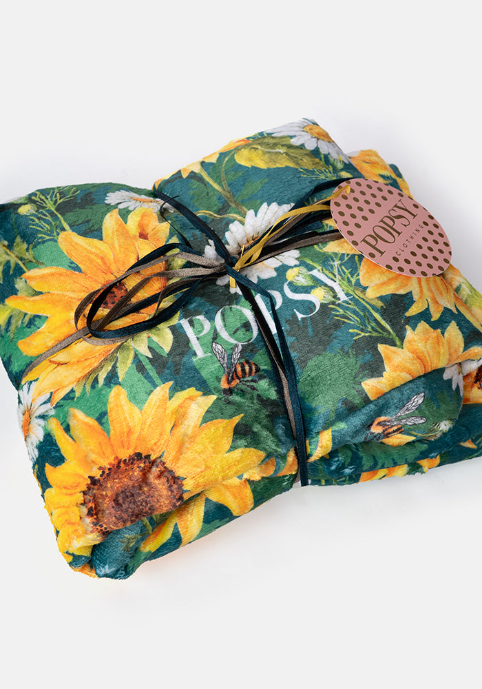 Pop-under Sunflower & Bee Border Print Plush Blanket