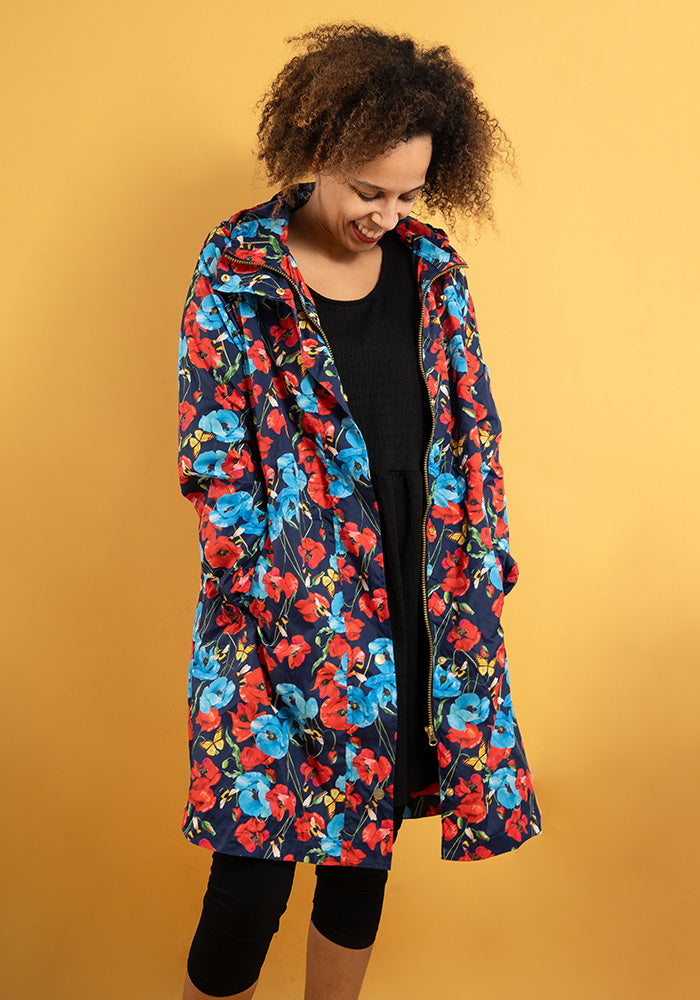 Front view of Poppy Garden Print Lightweight Coat (Mac)