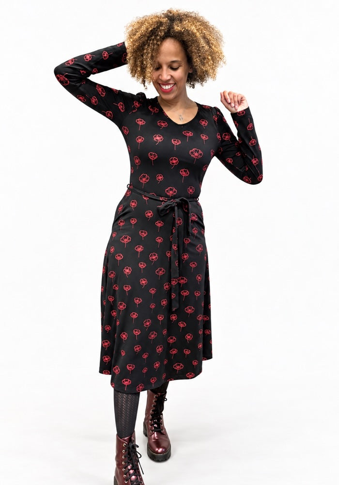 Whitlee Red Foil Poppy Cotton Midi Dress