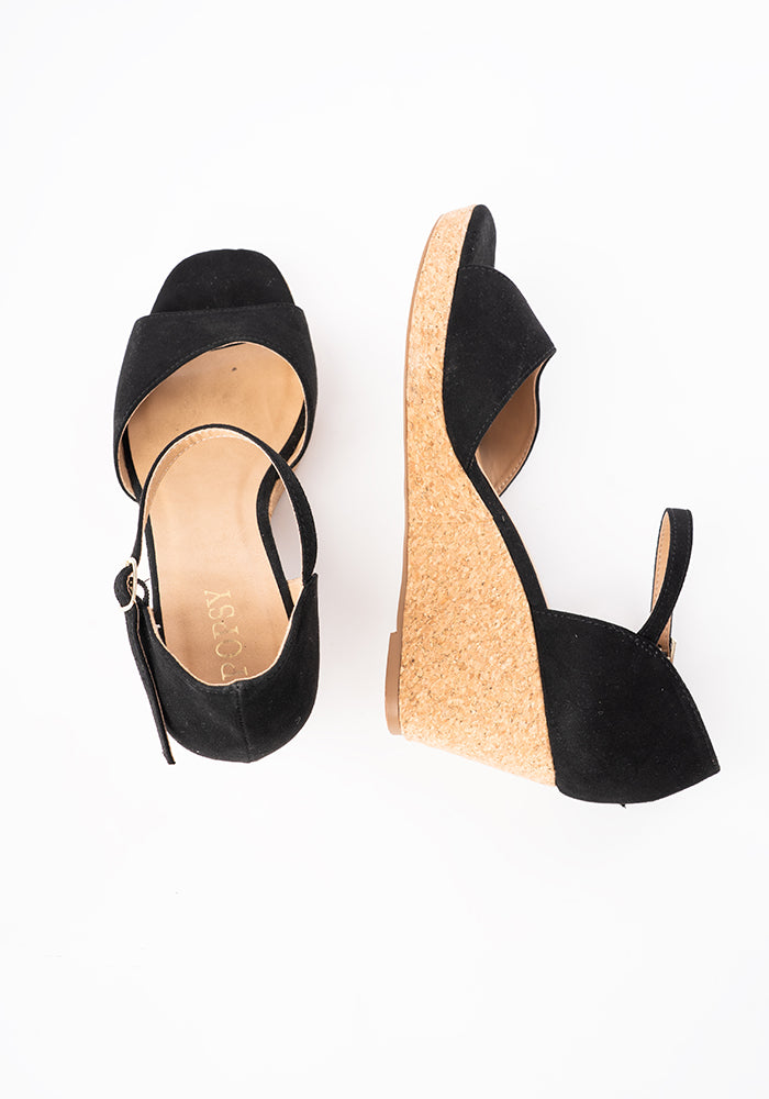 Front view of Popsy Black Cork Heel Wedges