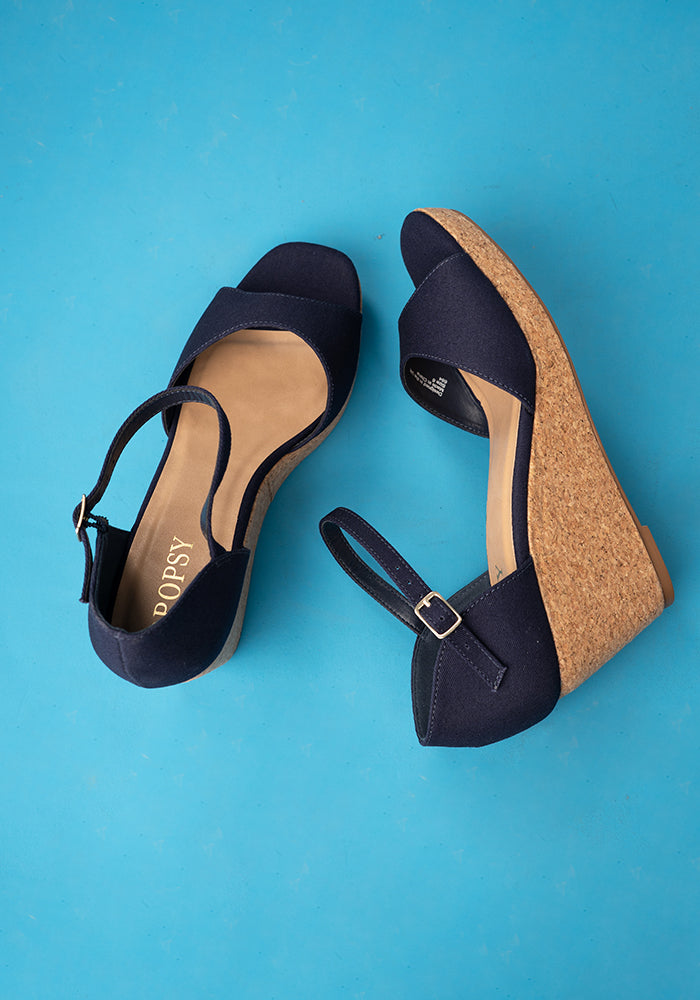 Front view of Popsy Navy Cork Heel Wedges