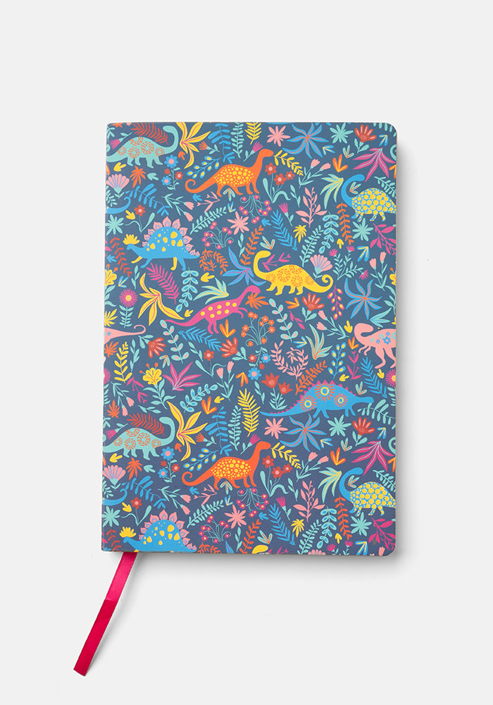 Front view of Cute Teal Dinosaur Print Notebook - Colourful Quirky Journal Gift