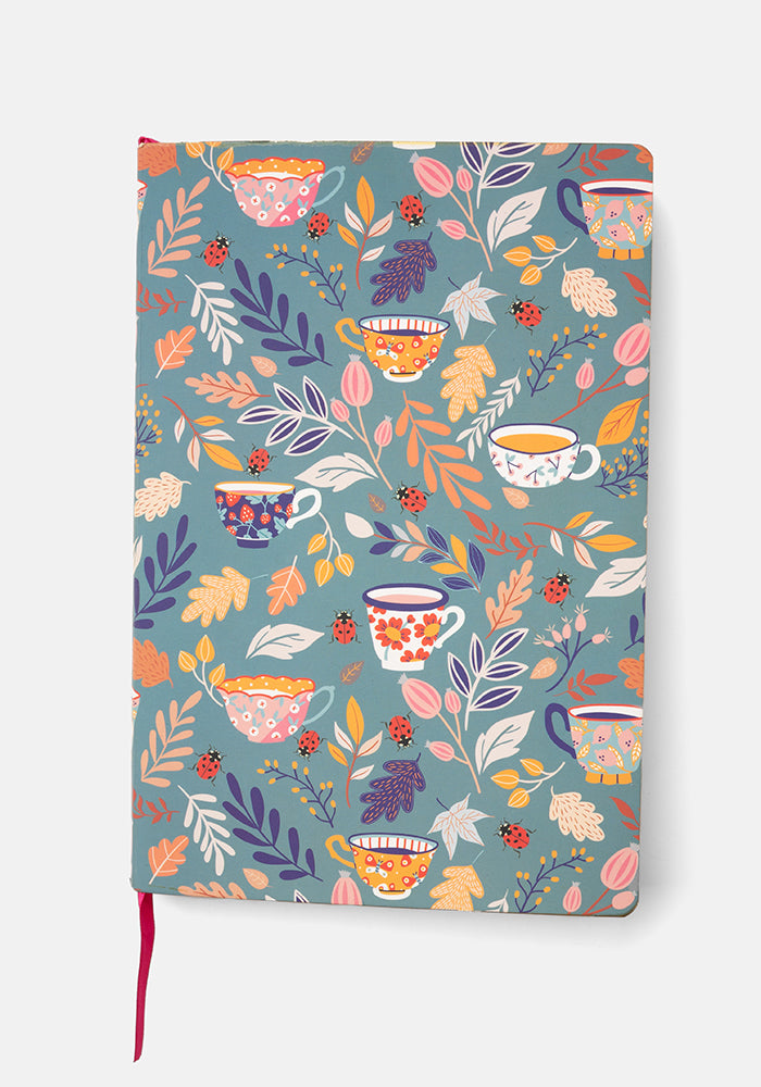 Front view of Cute Teacups Print Notebook - Colourful Quirky Journal Gift