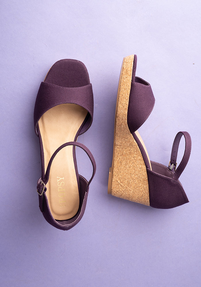 Front view of Popsy Purple Cork Heel Wedges