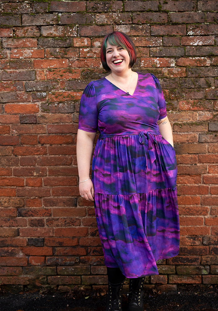 Tenth angle of Portia Purple Ombre Print Midi Dress, our jersey is a smooth, stretchy fabric known for its comfort and ease.