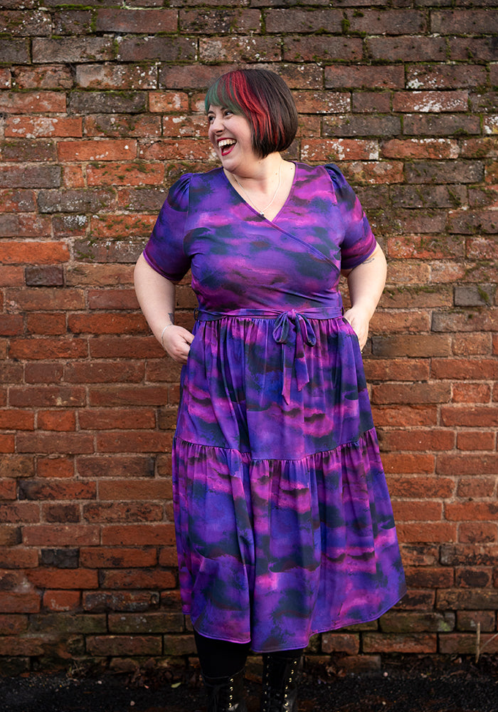 Fifth angle of Portia Purple Ombre Print Midi Dress, our jersey is a smooth, stretchy fabric known for its comfort and ease.